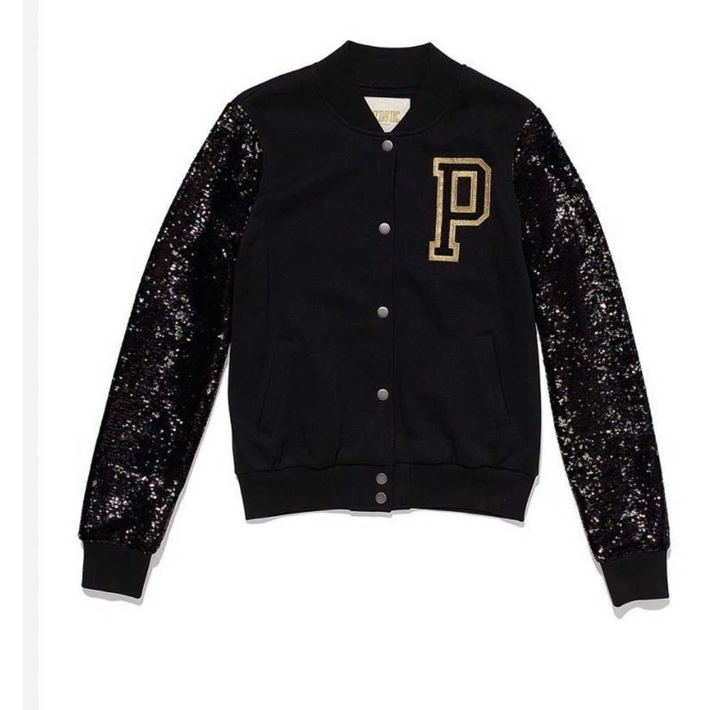 Victoria's Secret Sequin Sleeve Limited Edition Black Varsity Knit Jacket XS